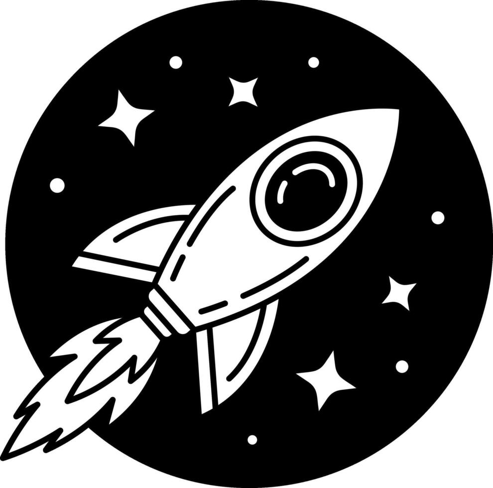 black and white illustration of a rocket is flying through space vector