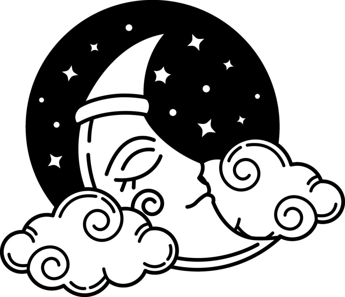 black and white illustration of a moon smiling face with stars vector