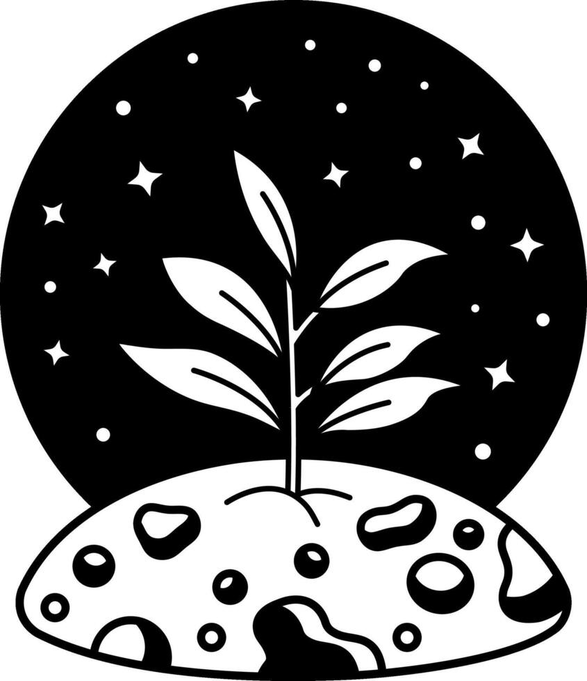 black and white illustration of a green plant is growing on the planet vector