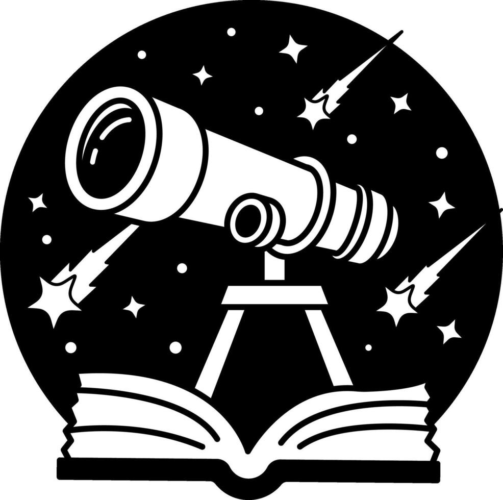 black and white illustration of a telescope is on a book vector