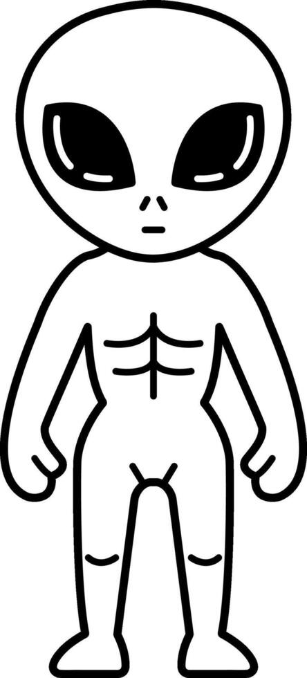 black and white illustration of an alien with a big black eyes vector