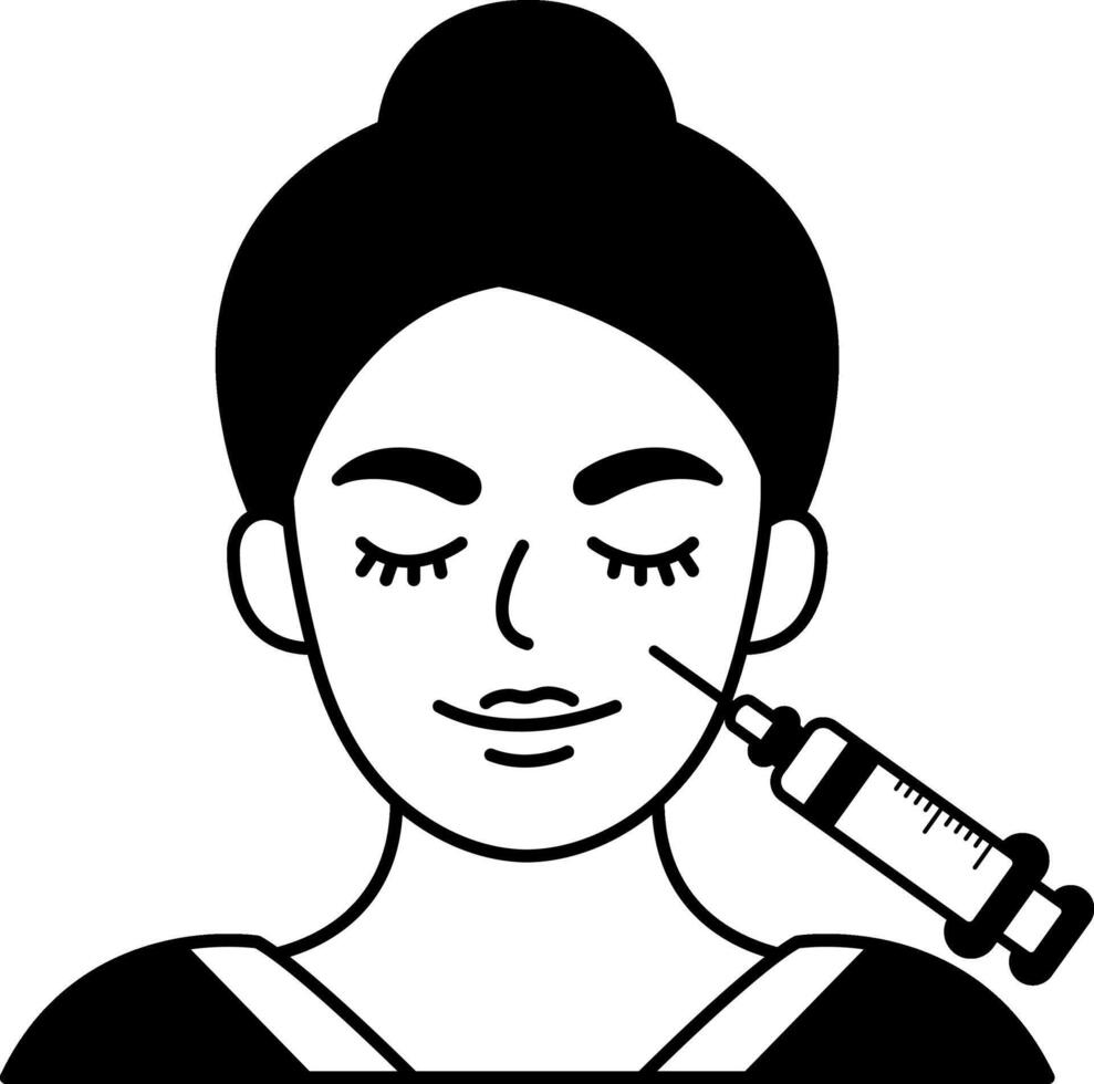 black and white illustration a woman is injecting filler into her face vector
