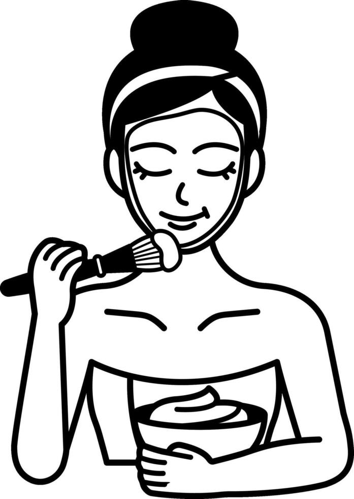 black and white illustration a woman is applying a face mask vector