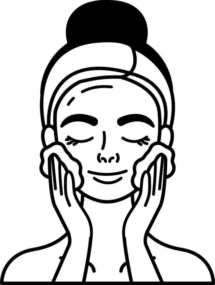 black and white illustration a woman is washing her face with facial cleansing foam vector