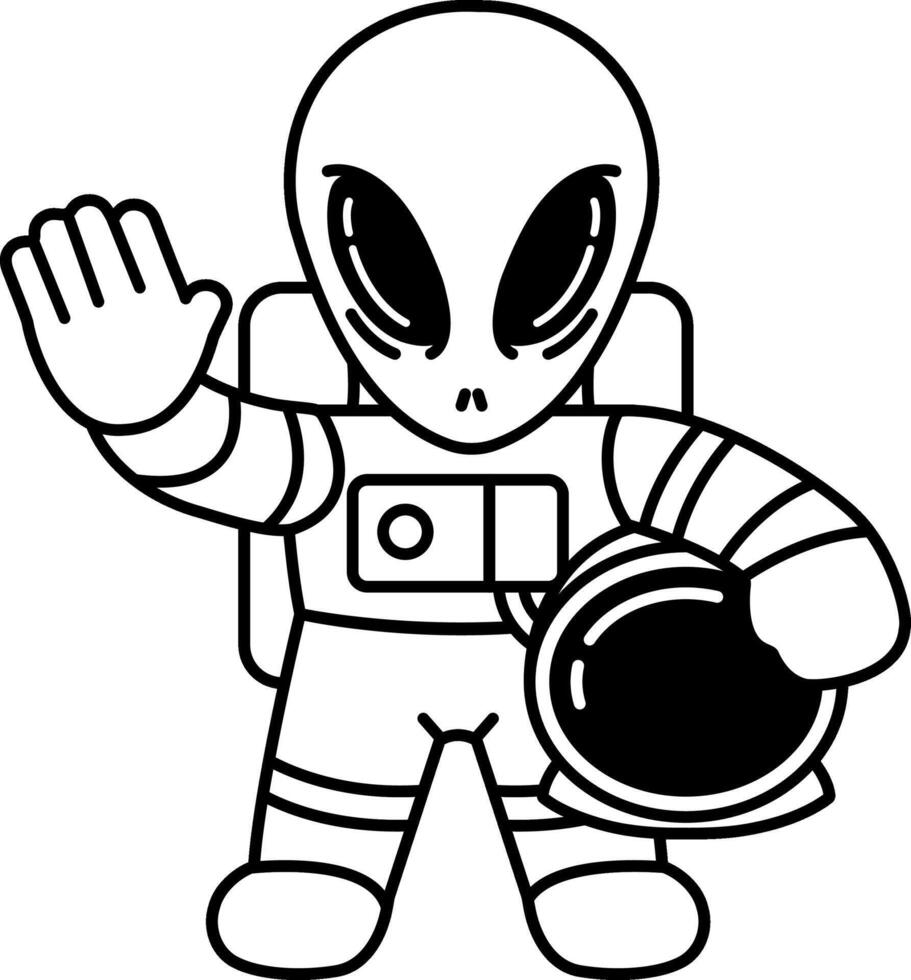 black and white illustration of a alien astronaut is waving vector