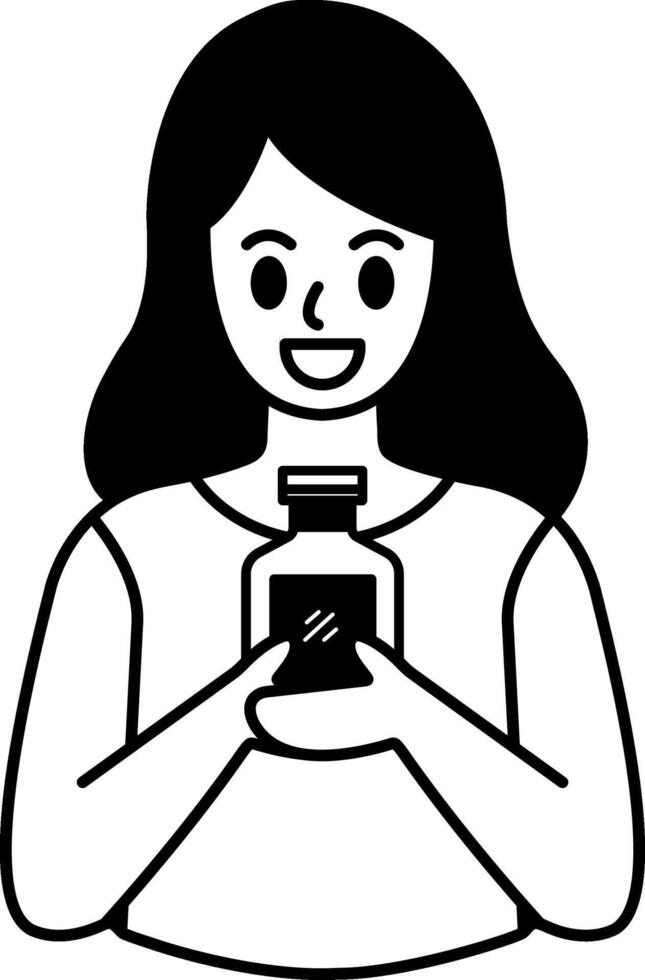 black and white illustration a woman holding a bottle of perfume vector