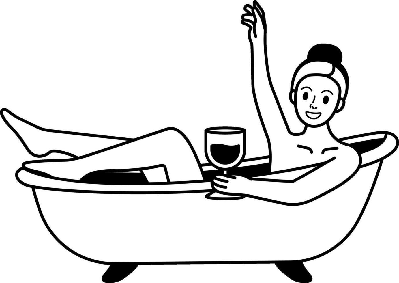 black and white illustration a woman in a bathtub with a glass of wine vector