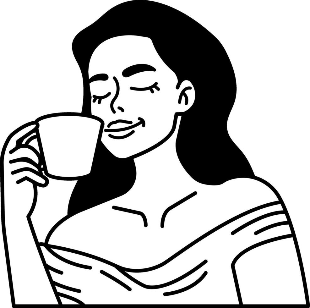 black and white illustration a woman is drinking a cup of coffee vector