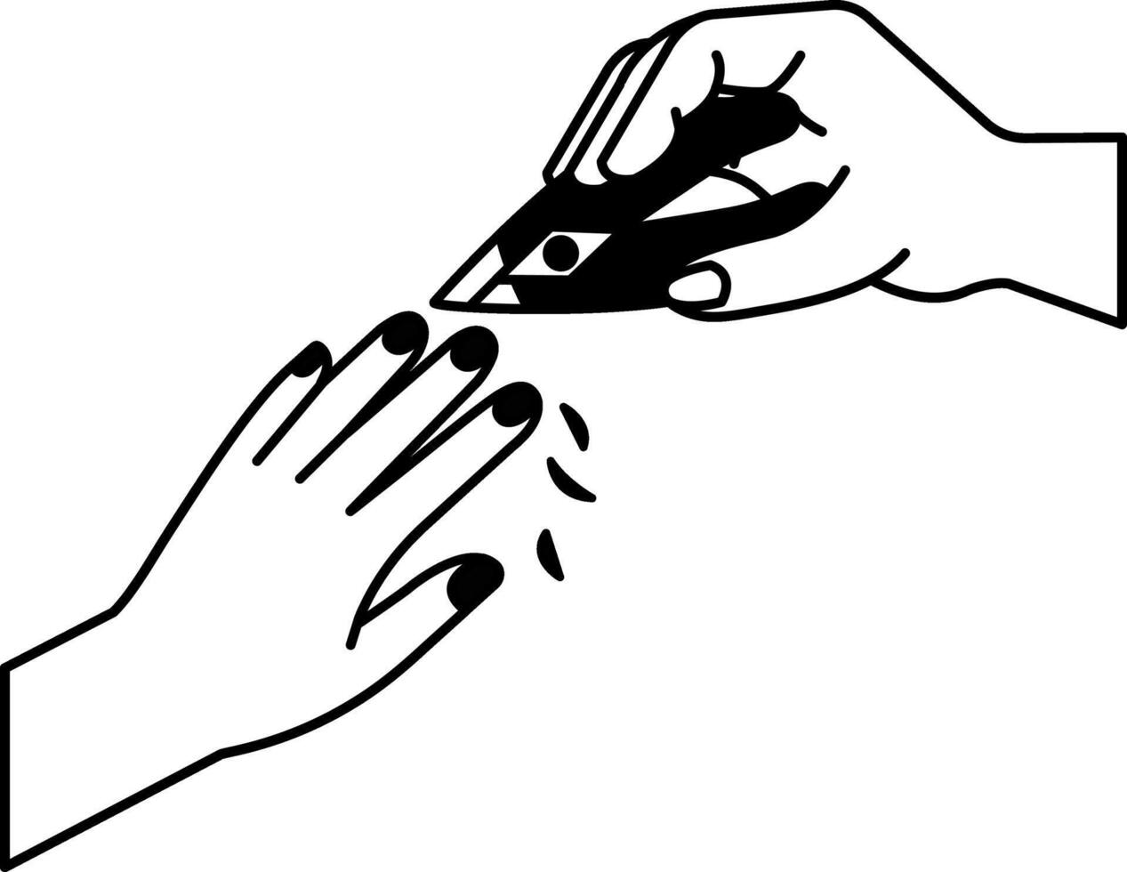 black and white illustration a hand cutting fingernails vector