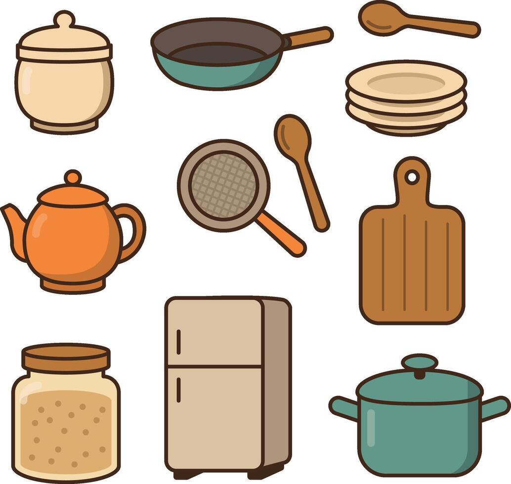 A collection of kitchen utensils and appliances. Includes a frying pan, teapot, plates, cutting board, sieve, refrigerator, and pot. vector