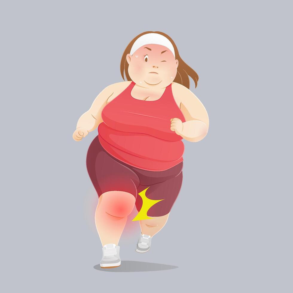 An obese woman experiencing knee joint pain as a result of excessive running. vector