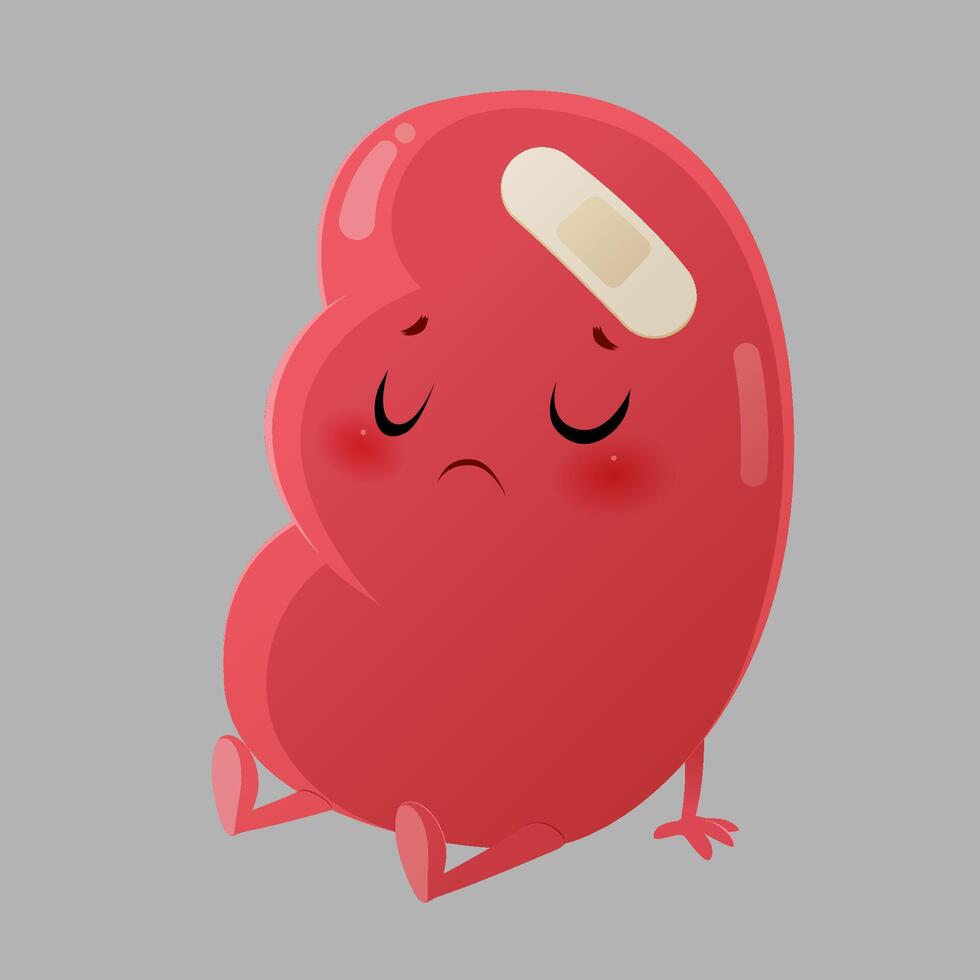Sad cartoon kidney with a patch, showing signs of disease and failure. vector