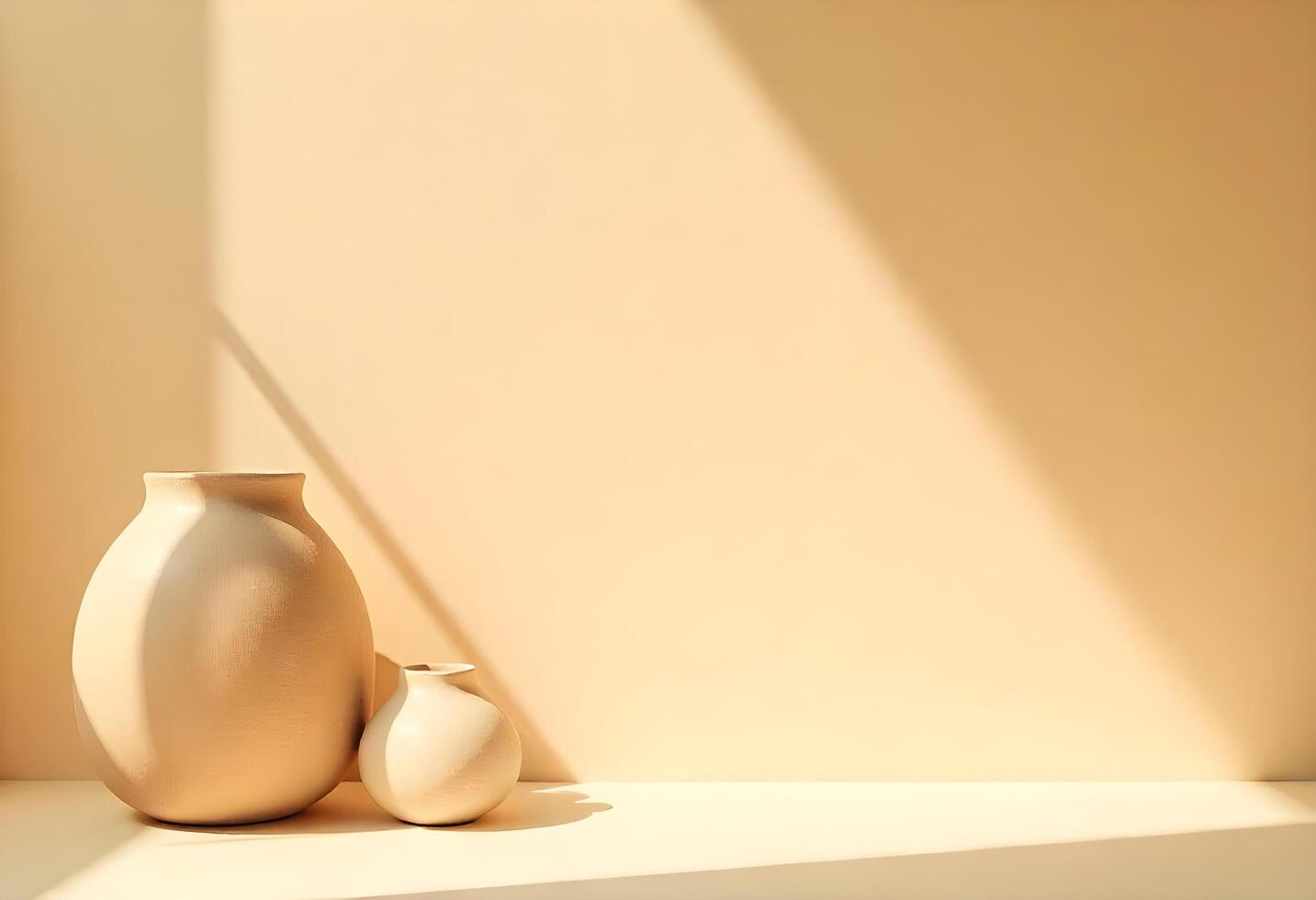 Two vases sit on a table in front of a window photo
