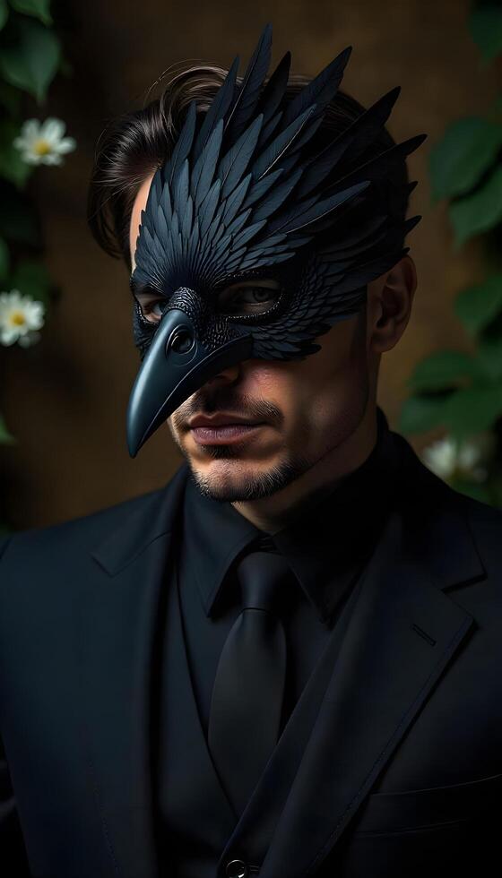 A man in a black suit and black bird mask photo