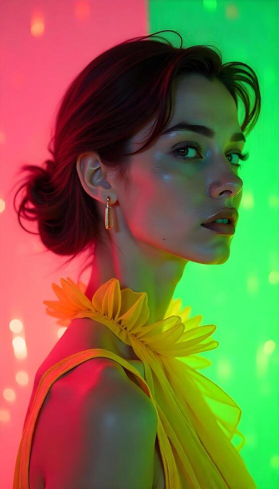 A woman in a yellow dress with neon lights behind her photo
