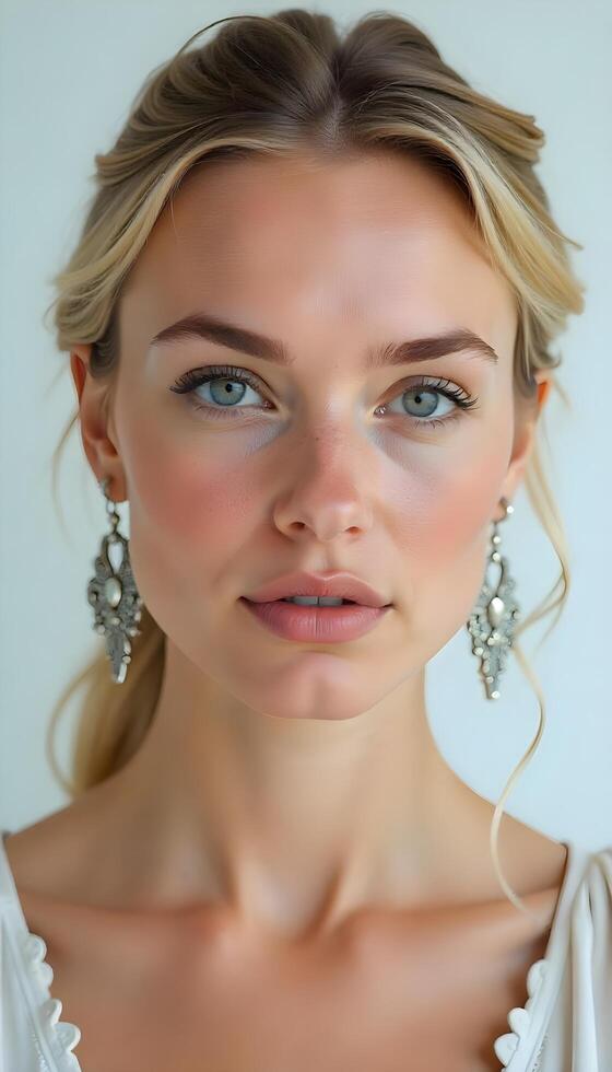 A beautiful blonde woman with blue eyes and earrings photo