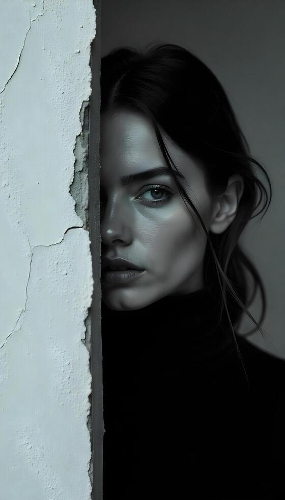 A woman in a black turtle neck peeking out from behind a wall photo