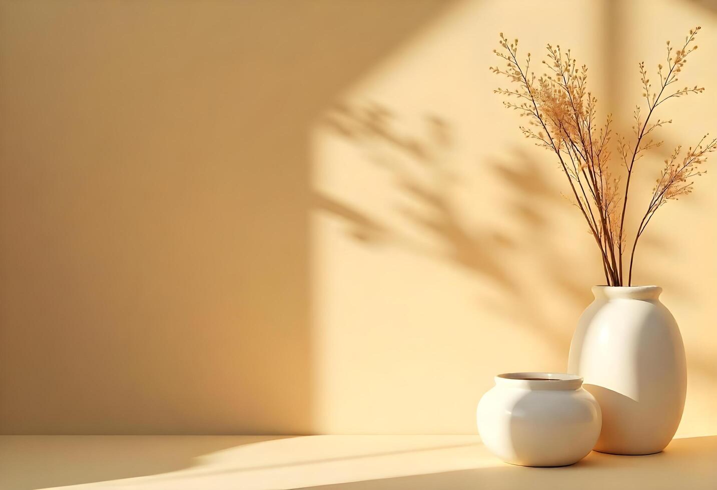 Two white vases with dried grass in front of a window photo