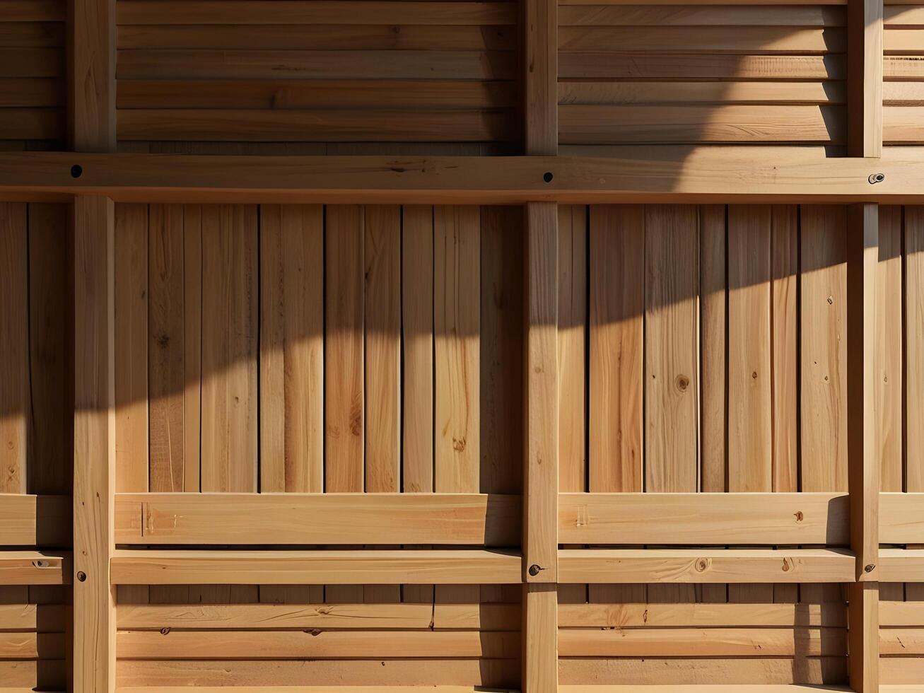 A wooden wall with a wooden door and window photo