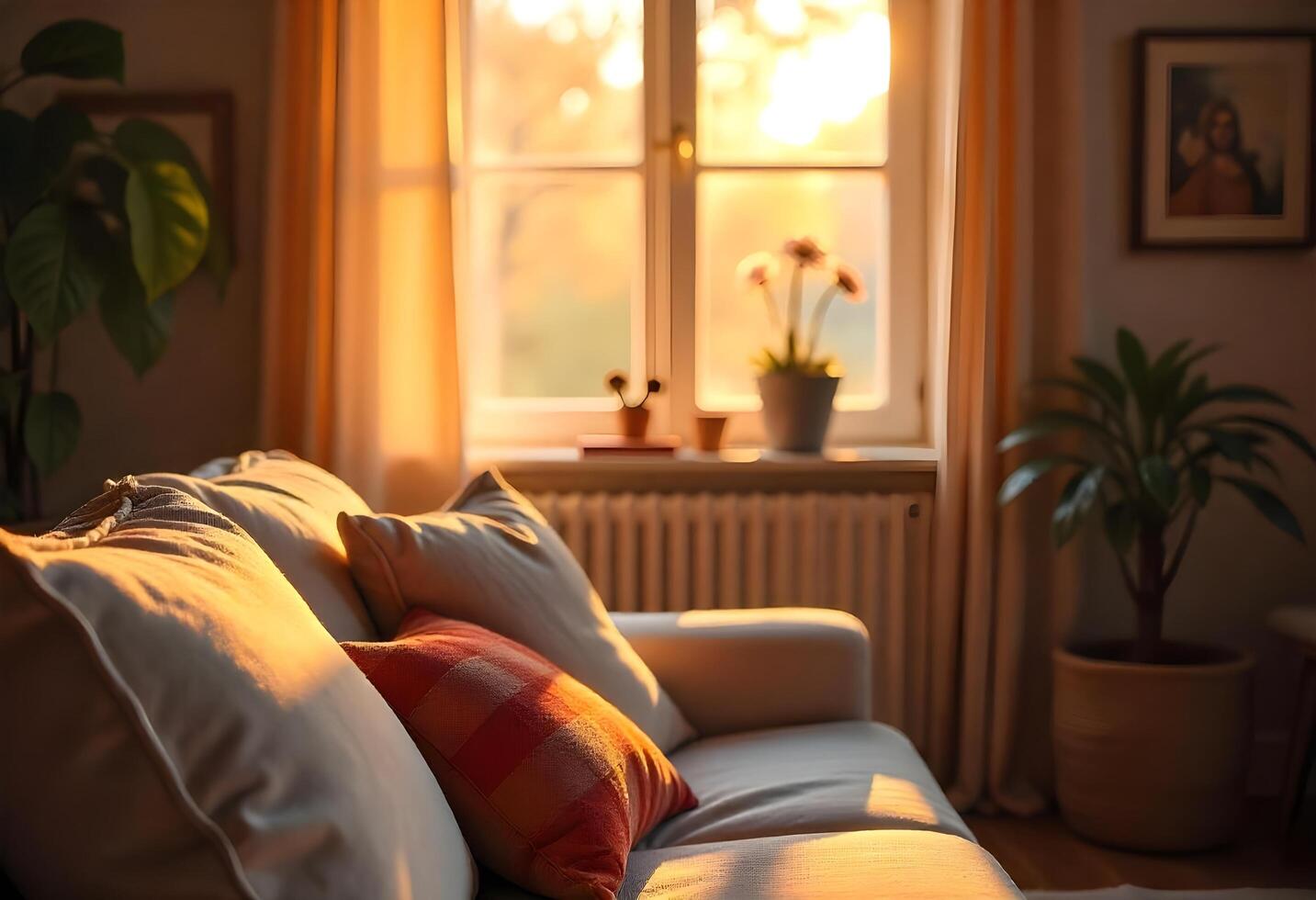 A couch in front of a window with the sun setting photo
