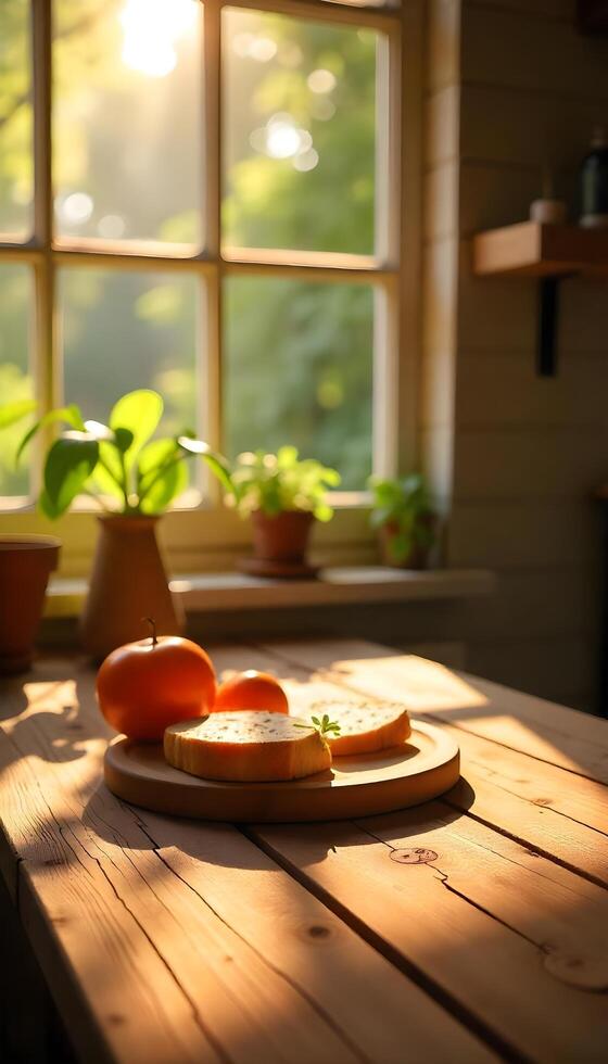 A plate with bread and tomatoes on a table in front of a window photo