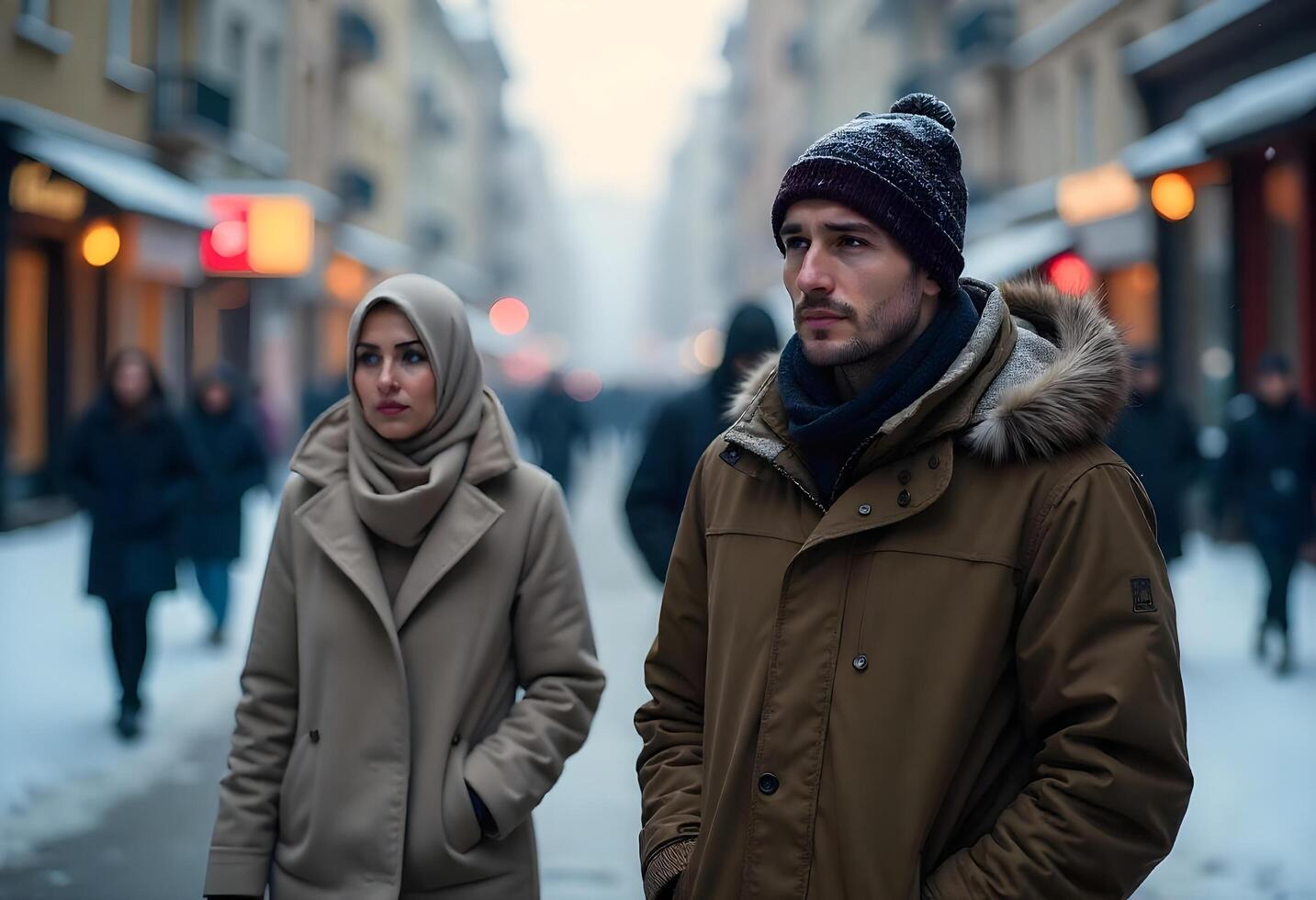 A man and woman walking down a snowy street photo
