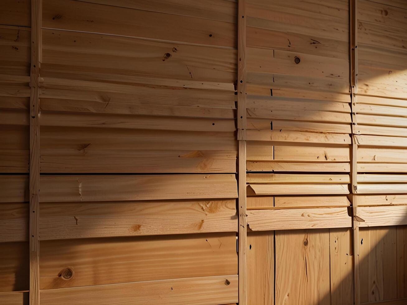 A wooden wall with a window in the middle photo