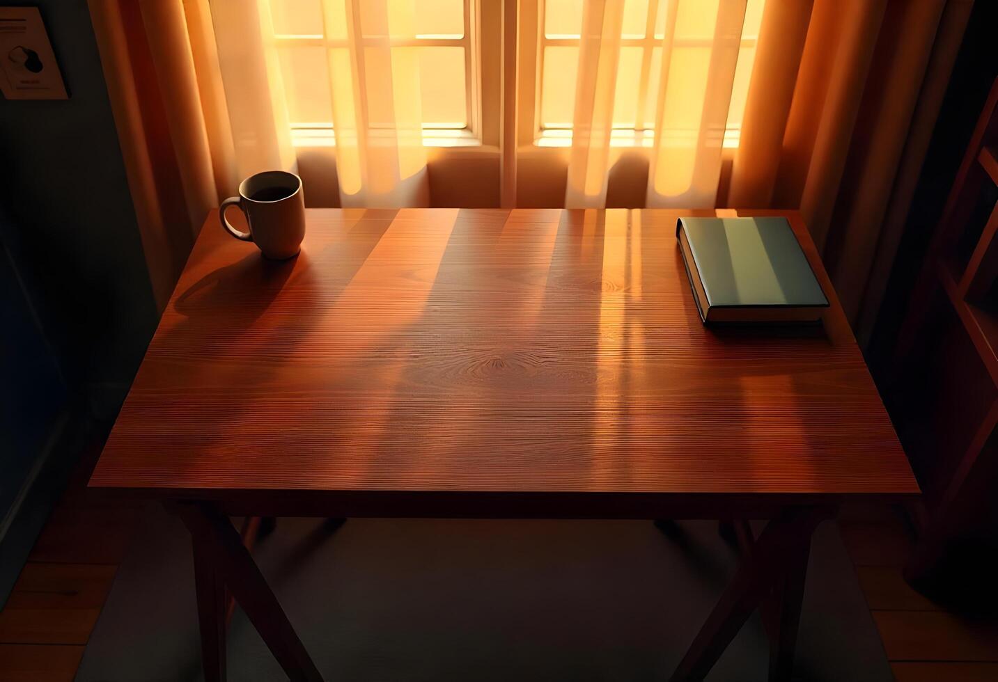 A table with a book and a coffee cup photo