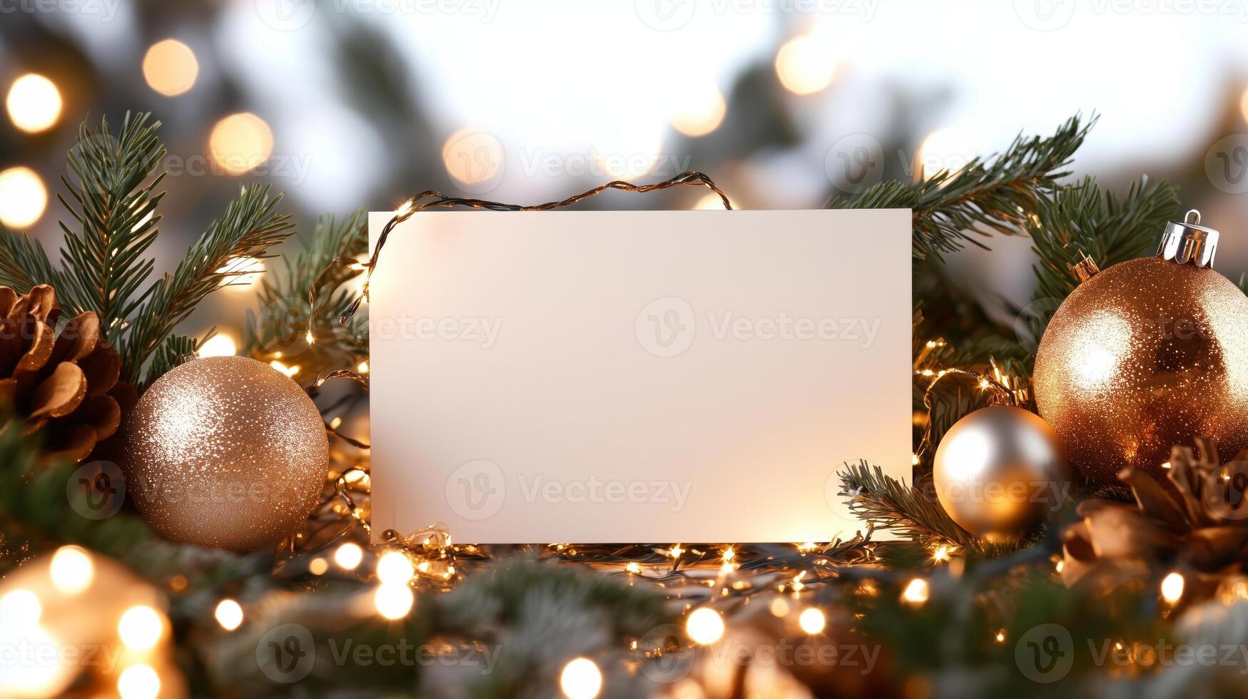 Christmas decorations and a blank card on a background of lights photo