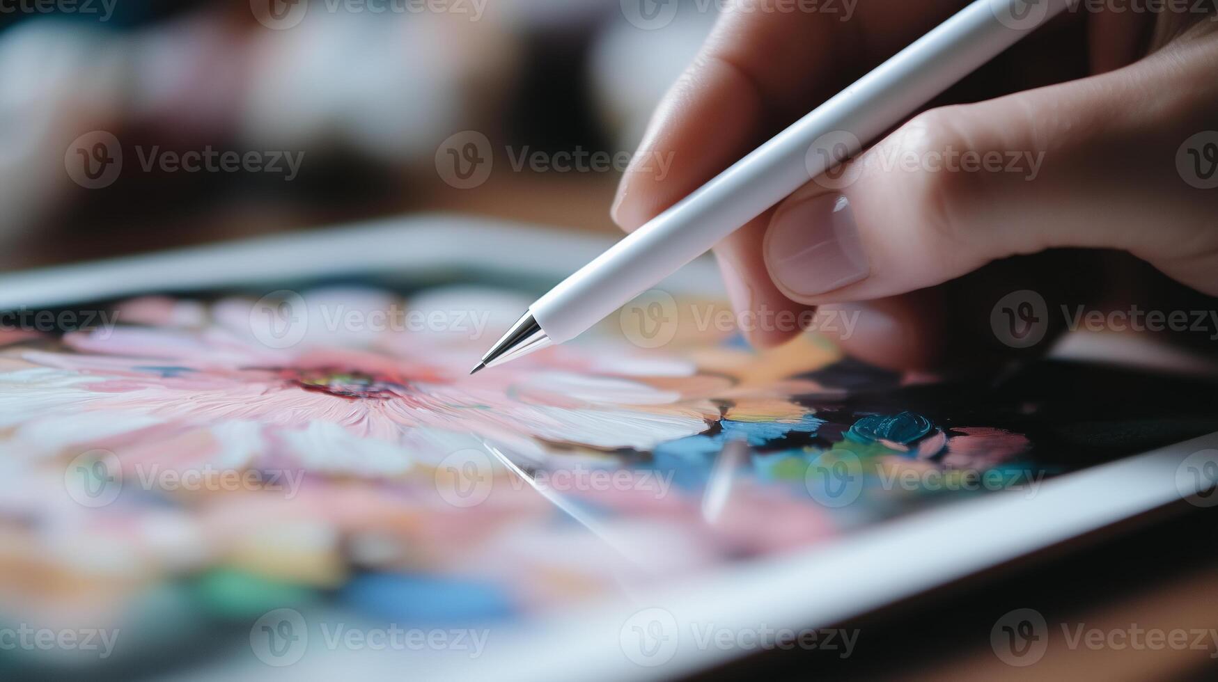 A person is holding a pen and drawing on a tablet photo