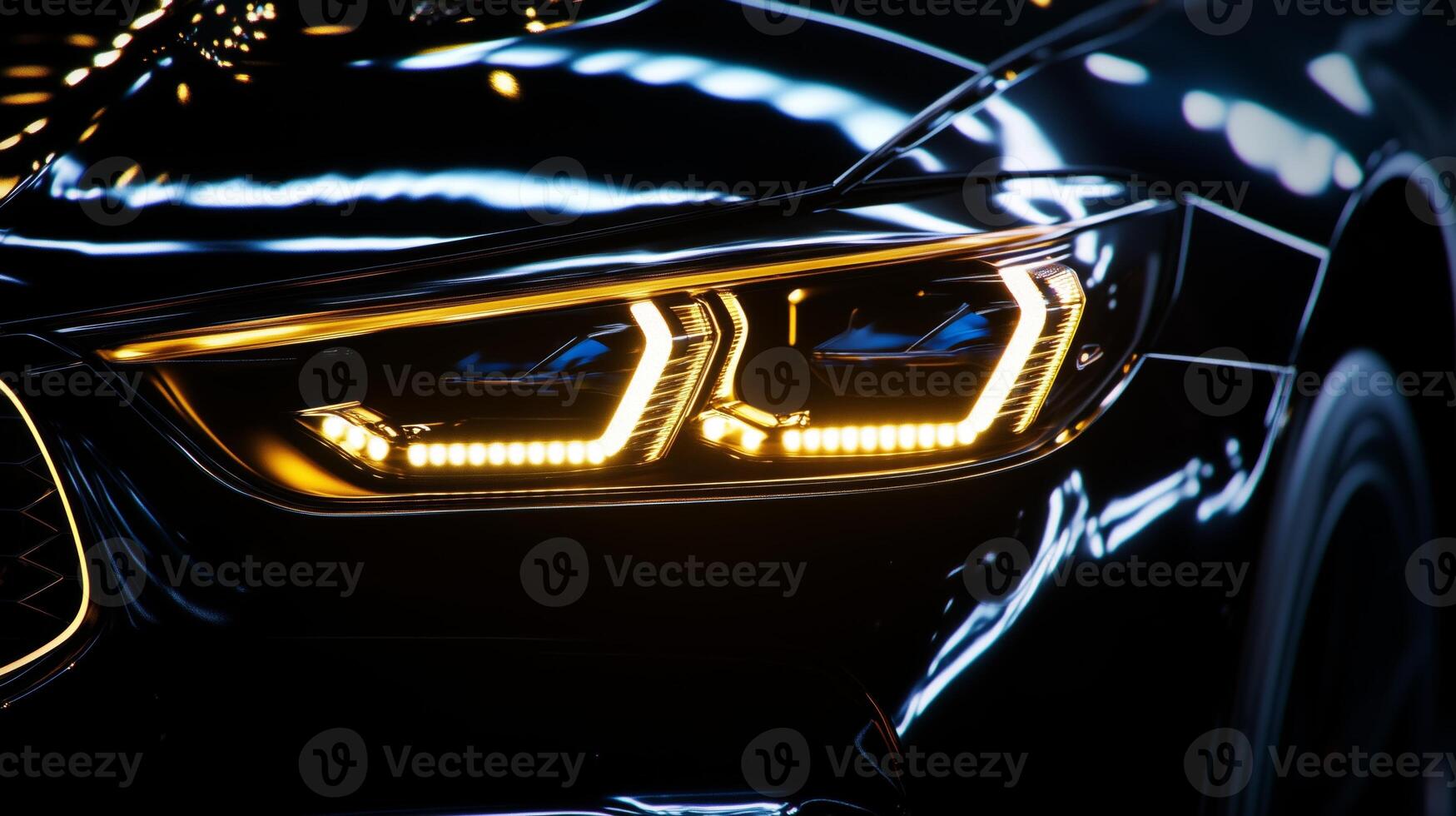 Close up of a car headlight with a bright light photo