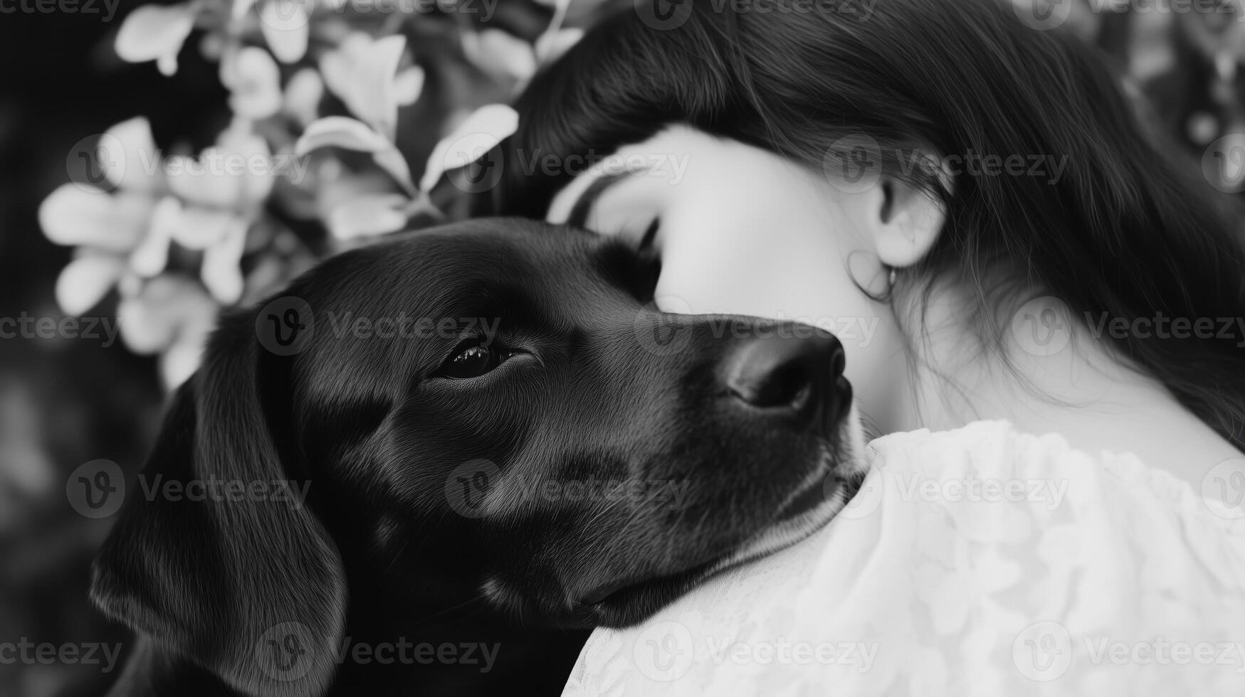 A woman is hugging a black dog photo