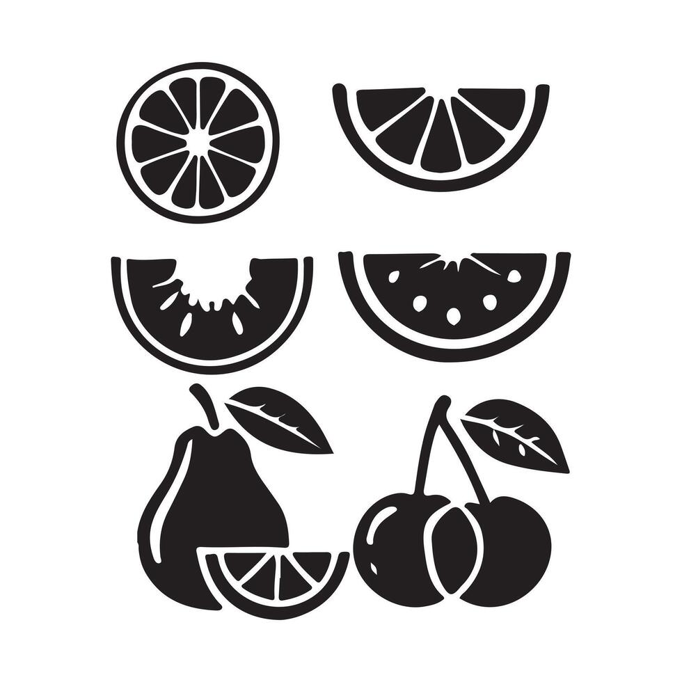 Fruit Slices and Whole Fruit Silhouettes Icon Set Citrus Pear Cherry vector