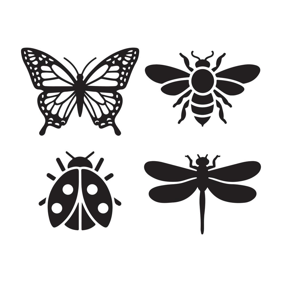 Insect Shapes Black and White Drawing of Bees Flies Beetles and Dragonflies vector