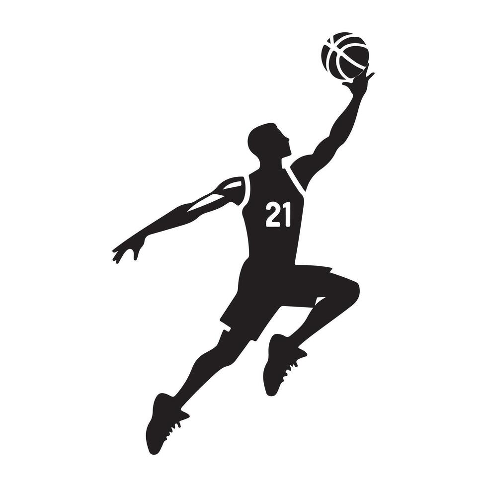 Basketball Player Silhouette Slam Dunk Action Dynamic Sports Figure Athlete Dribbling Jumping vector