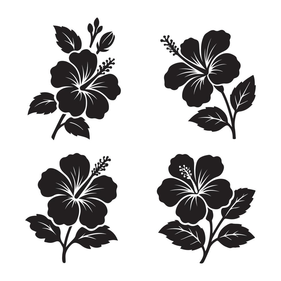 Tropical Hibiscus Flower and Leaf Silhouettes, Hawaiian Flower Illustration vector