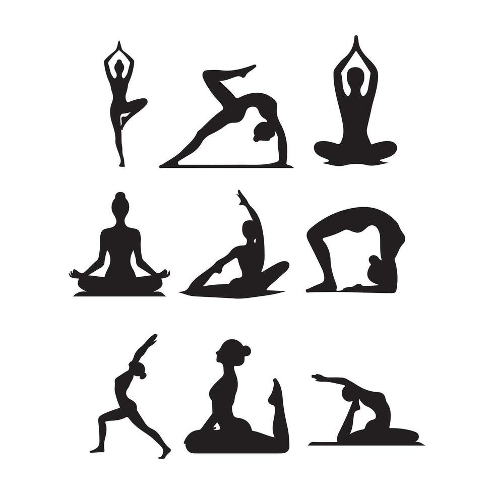 Yoga Poses Silhouette Set Female Figures in Various Asanas Meditation vector