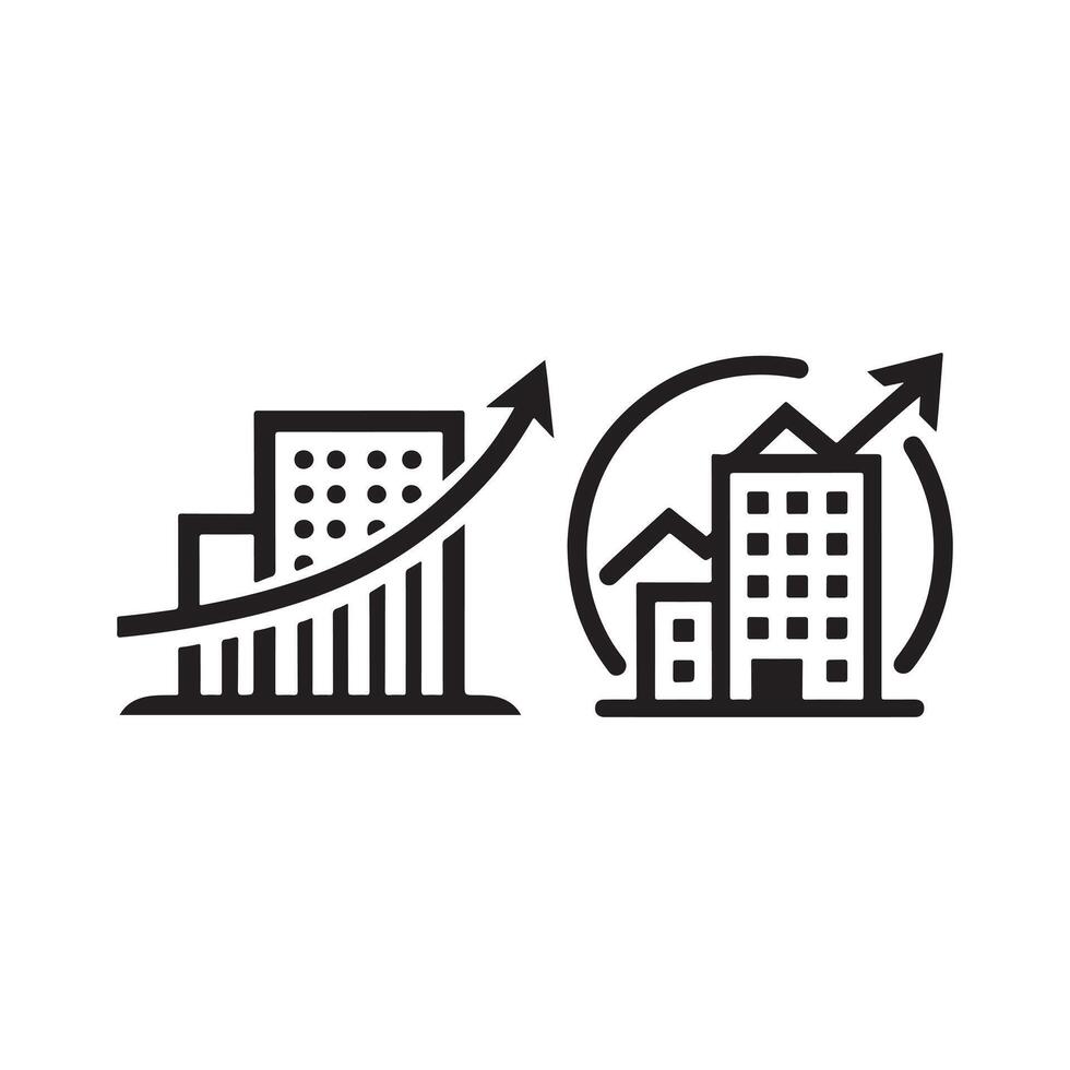 Business Growth Building Icons Set of Two Modern Cityscape and Upward Arrow vector
