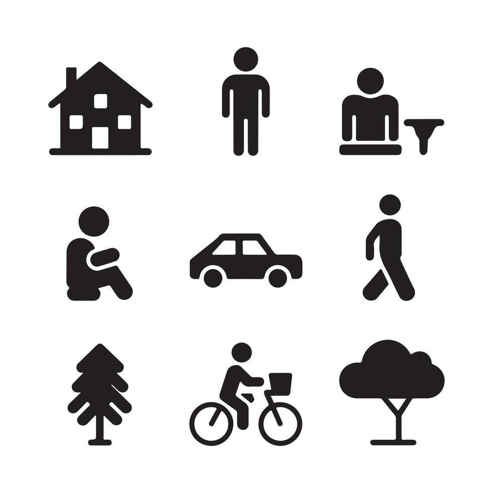 Everyday Life Icons Set of Nine Black and White Silhouettes vector