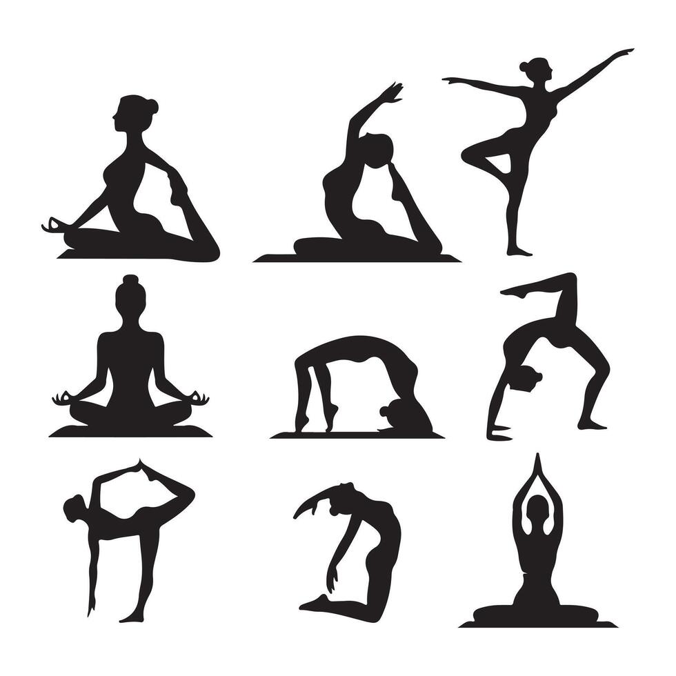 Yoga Silhouettes Collection Hand Drawn Figures in Various Poses for Meditation vector