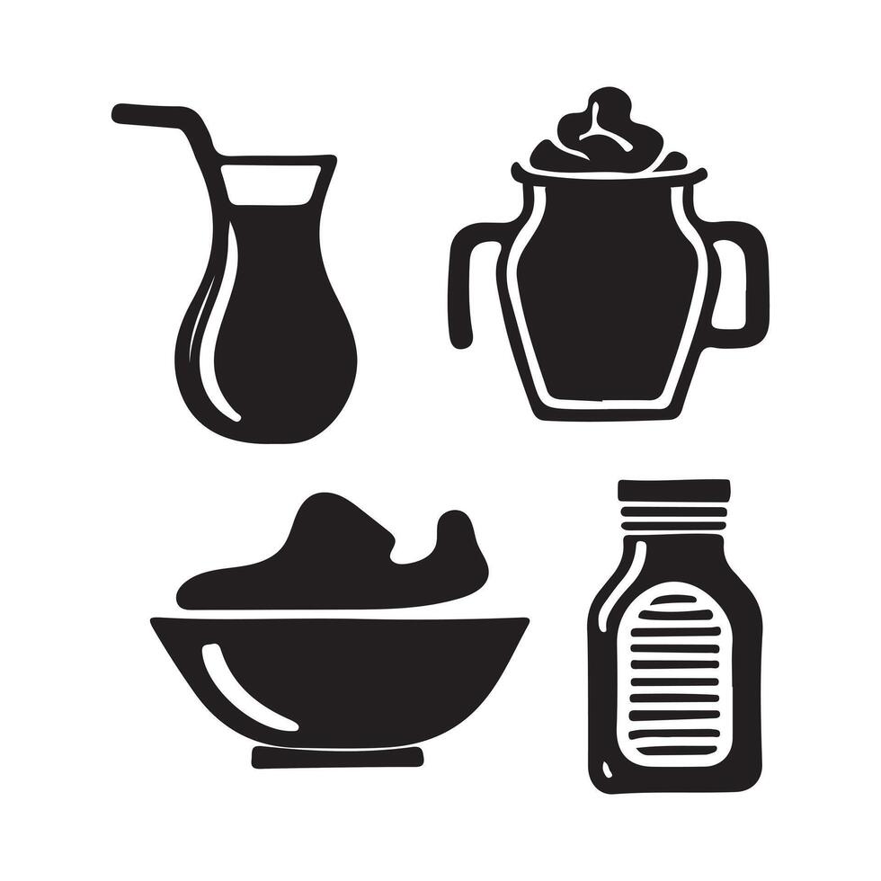Baby Food and Drink Silhouette Icon Set Puree Bottle Jar Bowl Cup vector