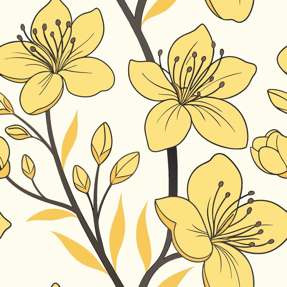 Seamless Floral Pattern with Yellow Flowers and Leaves - Hand-Drawn Design vector