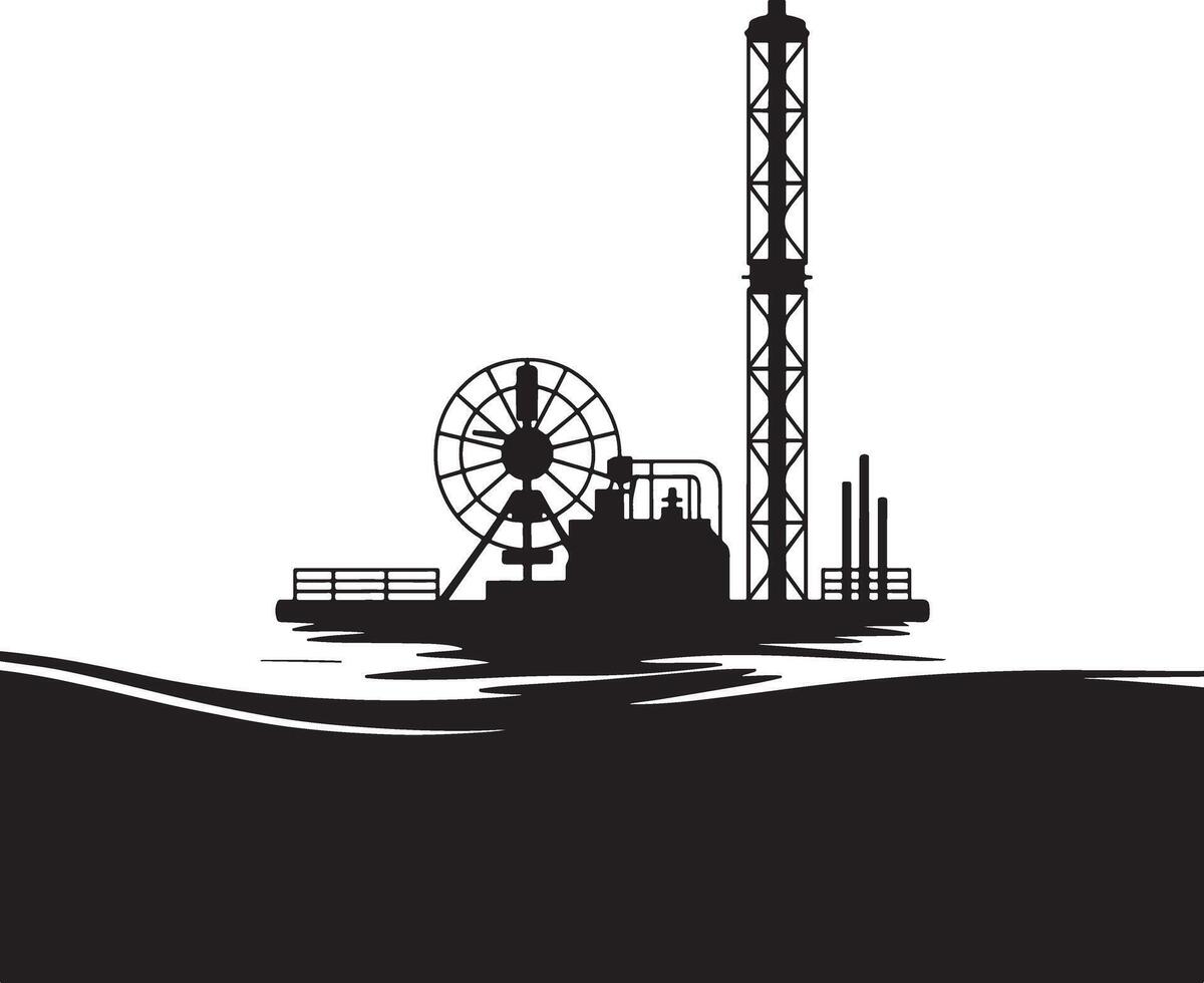 Offshore oil platform silhouette black and white illustration. vector