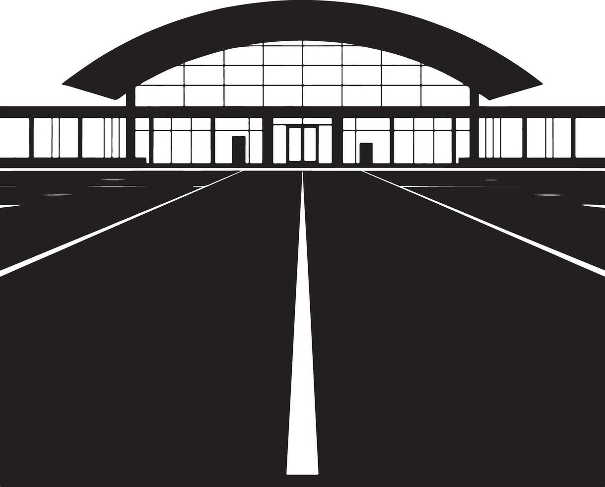 Black and white silhouette of a modern building with a large curved glass facade and a wide road leading to its entrance. vector