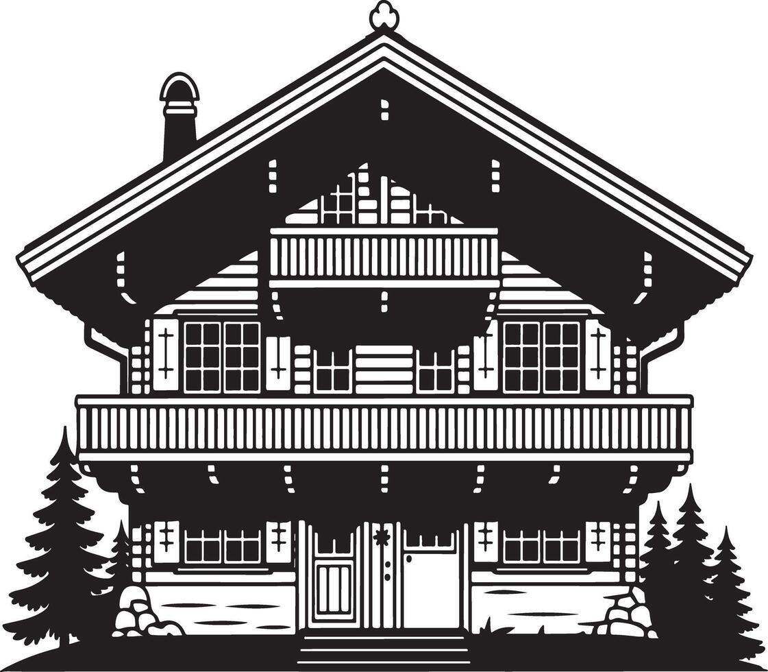 Black and white illustration of a classic swiss chalet style house with balconies and surrounding pine trees. vector