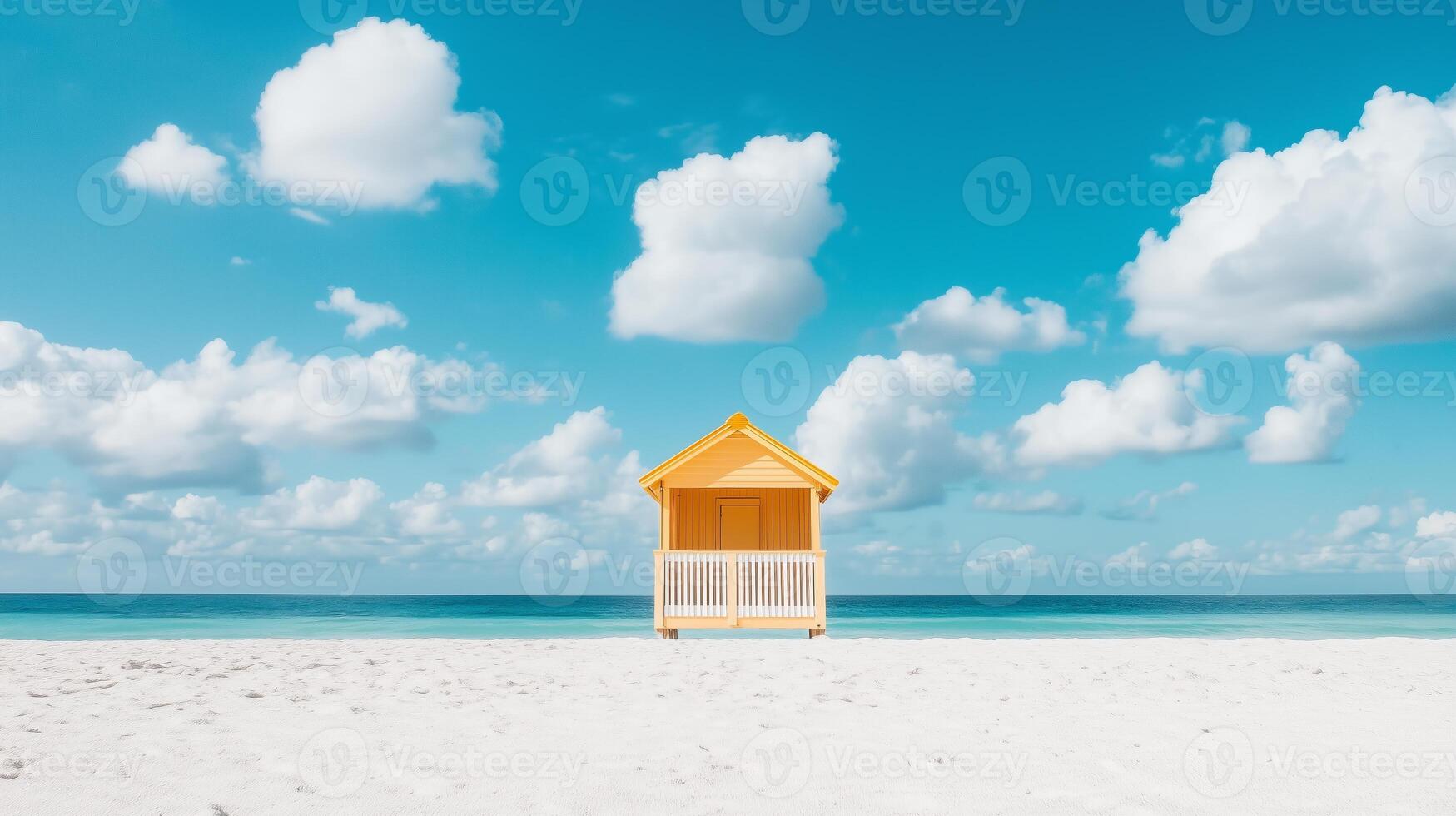 A yellow beach hut sits on the sand with blue skies photo
