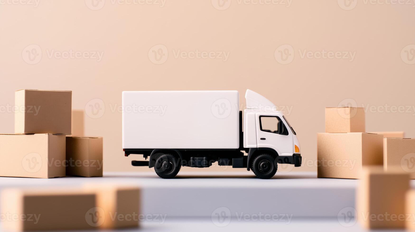 A white truck is surrounded by cardboard boxes photo