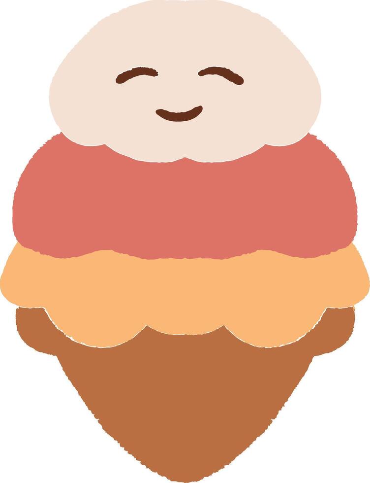 Hand-drawn smiling ice cream cone with three colorful scoops vector