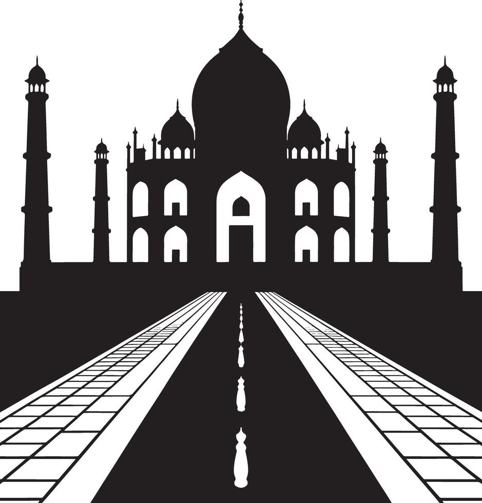 Taj mahal silhouette with path leading to entrance. vector