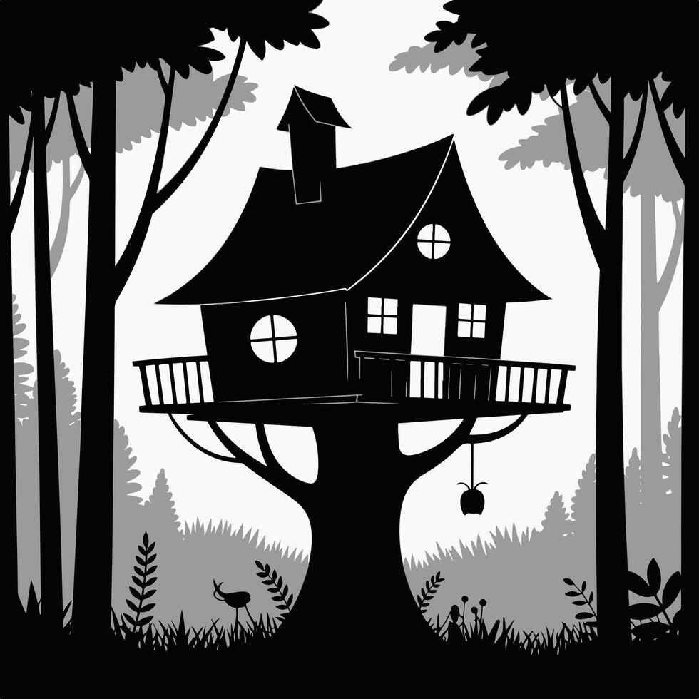 Silhouette Treehouse in Dark Forest Magical, Mysterious, Cozy. vector